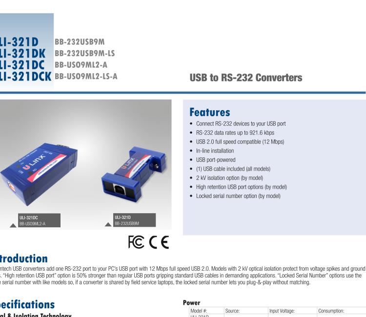研華BB-232USB9M-LS ULI-321DK USB 2.0到RS-232轉(zhuǎn)換器，DB9公頭 端口號(hào)鎖定