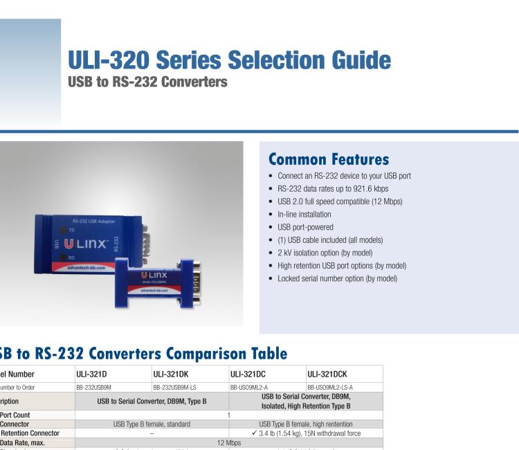 研華BB-232USB9M-LS ULI-321DK USB 2.0到RS-232轉(zhuǎn)換器，DB9公頭 端口號(hào)鎖定
