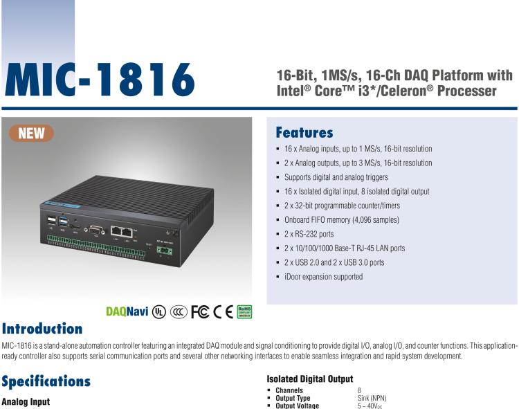研華MIC-1816 具有Core?i3 /Celeron?處理器的16位，1 MS / s，16通道DAQ平臺(tái)