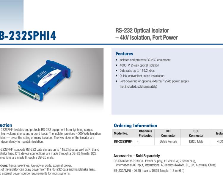 研華BB-232SPHI4 串口中繼器，RS-232 DB25，4 kV隔離，端口供電