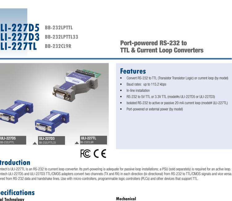 研華BB-232LPTTL ULI-227D5 RS-232（DB9母頭）至5V TTL（DB9公頭）轉(zhuǎn)換器，端口供電
