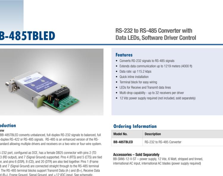 研華BB-485TBLED 串口轉(zhuǎn)換器，RS-232 DB25 母頭至RS-485 TB