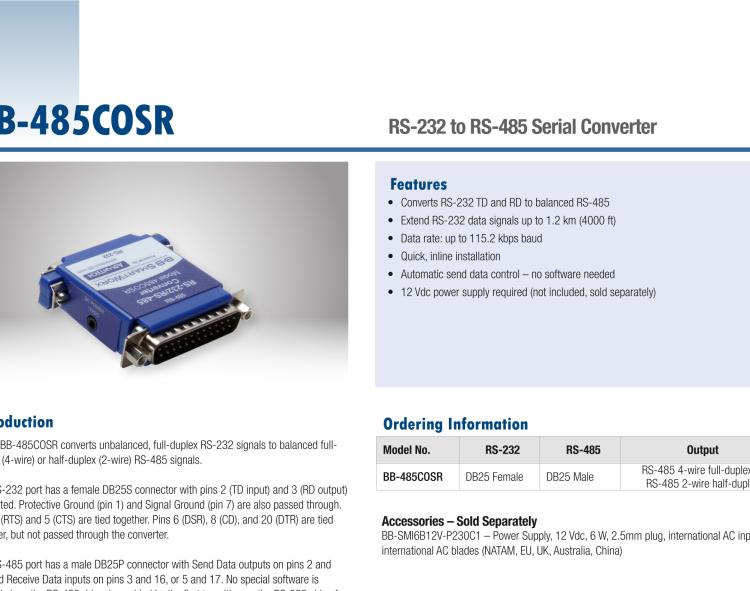 研華BB-485COSR 串口轉換器，RS-232 DB25母頭到RS-485 DB25公頭
