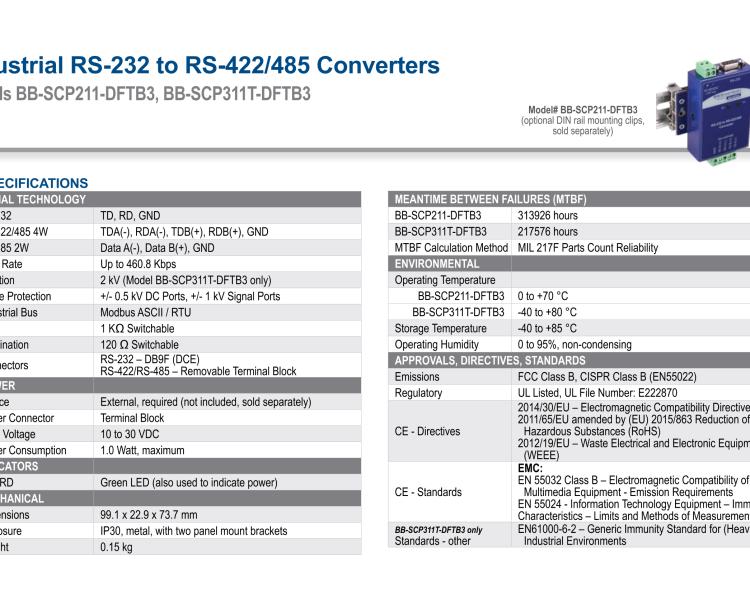 研華BB-SCP311T-DFTB3 ULI-224THC 寬溫度范圍、隔離式、RS-232 至 422/485 轉(zhuǎn)換器