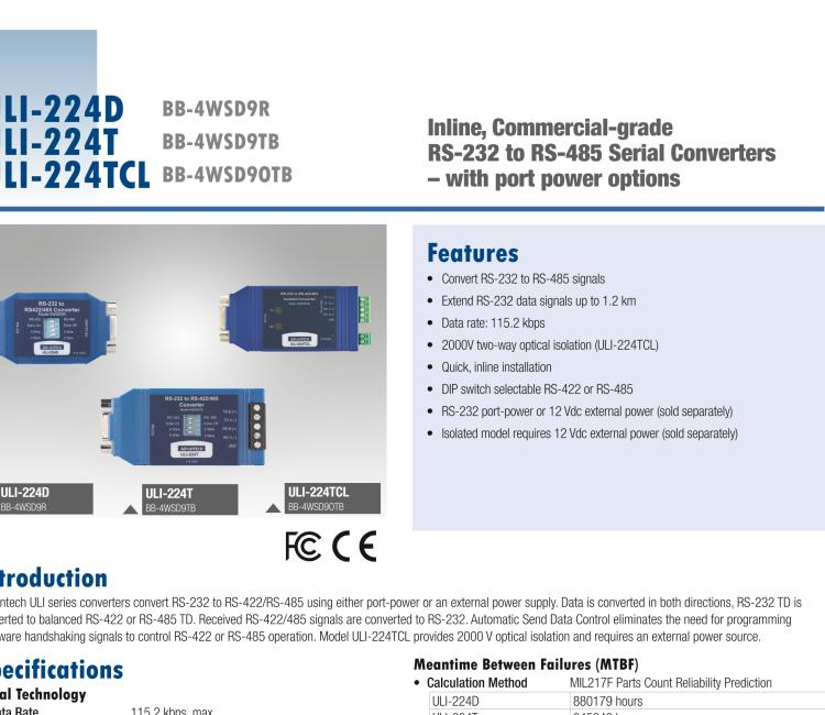 研華BB-485BAT3 ULI-224TB RS-232（DB9母頭至RS-422/485（接線端子）轉(zhuǎn)換器，電池供電