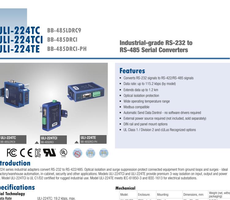 研華BB-485BAT3 ULI-224TB RS-232（DB9母頭至RS-422/485（接線端子）轉(zhuǎn)換器，電池供電