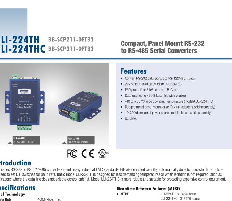 研華BB-485BAT3 ULI-224TB RS-232（DB9母頭至RS-422/485（接線端子）轉(zhuǎn)換器，電池供電