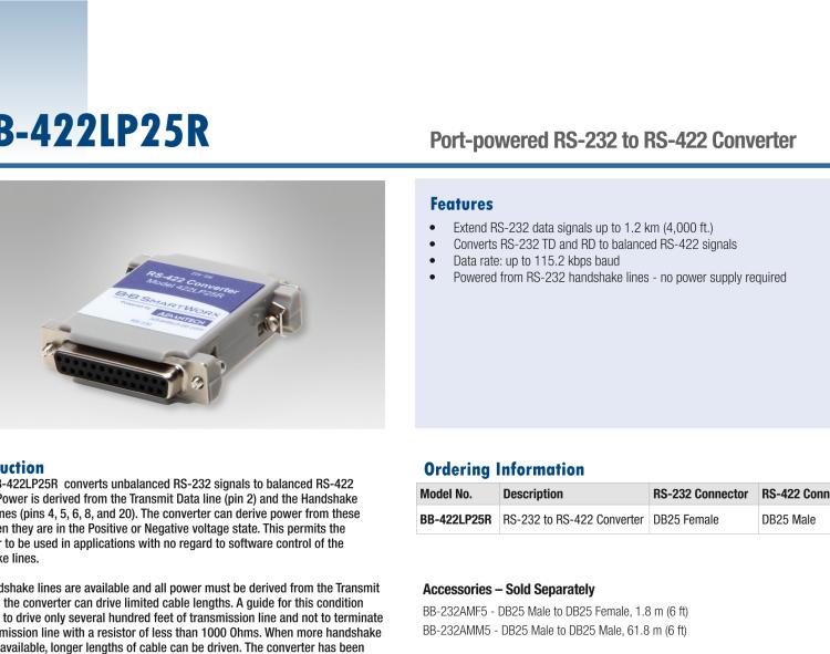 研華BB-422LP25R 串口轉(zhuǎn)換器，RS-232 DB-25 F至RS-422 DB25 M，端口供電