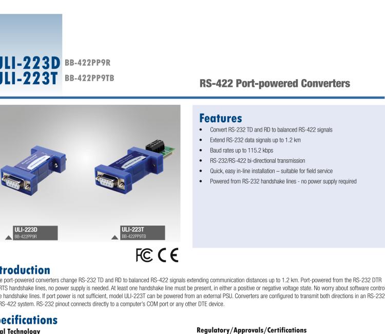 研華BB-422PP9R ULI-223D RS-232至RS-422轉(zhuǎn)換器，端口供電，DB9母頭連接器